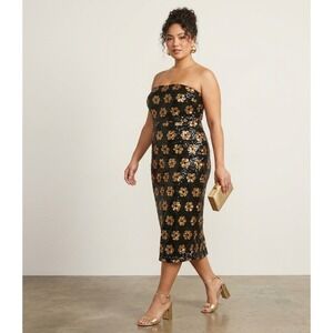 Alex Marie Dress 18 Black Gold Strapless Midi Sleeveless Sequin Embroidery 1061